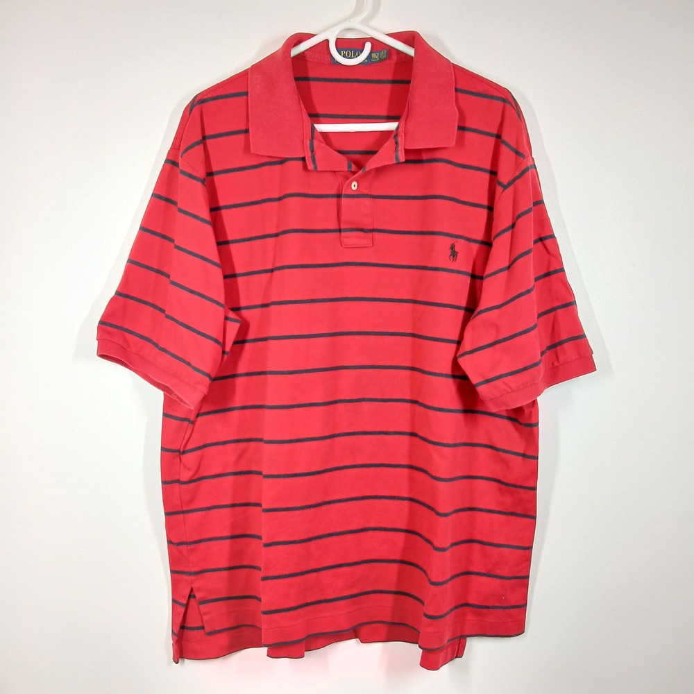 Ralph Lauren Polo Shirt Men 2XLT Red Cotton Striped Short Sleeve Summer